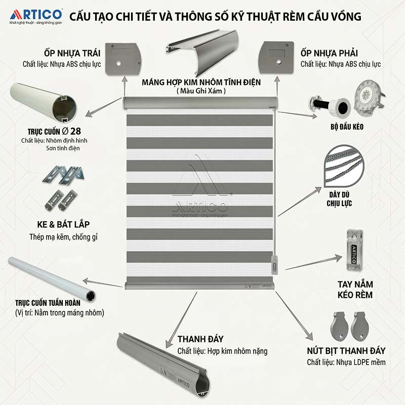 Bộ Phụ Kiện Rèm Cầu Vồng Màu Ghi Xám